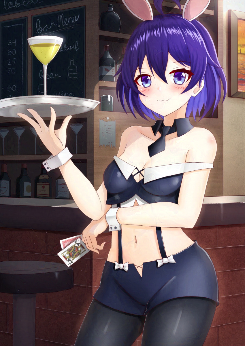 1girl :3 bare_shoulders between_fingers black_collar black_pantyhose black_shorts blue_eyes blue_hair blush breasts brick_wall card cleavage closed_mouth cocktail_glass collar collarbone commentary_request cup detached_collar drink drinking_glass glaze_protected_image hair_between_eyes highres holding holding_card holding_tray honkai_(series) honkai_impact_3rd indoors looking_at_viewer medium_breasts navel pantyhose pantyhose_under_shorts playboy_bunny playing_card prophosphere seele_vollerei short_hair short_shorts shorts solo standing tray wing_collar