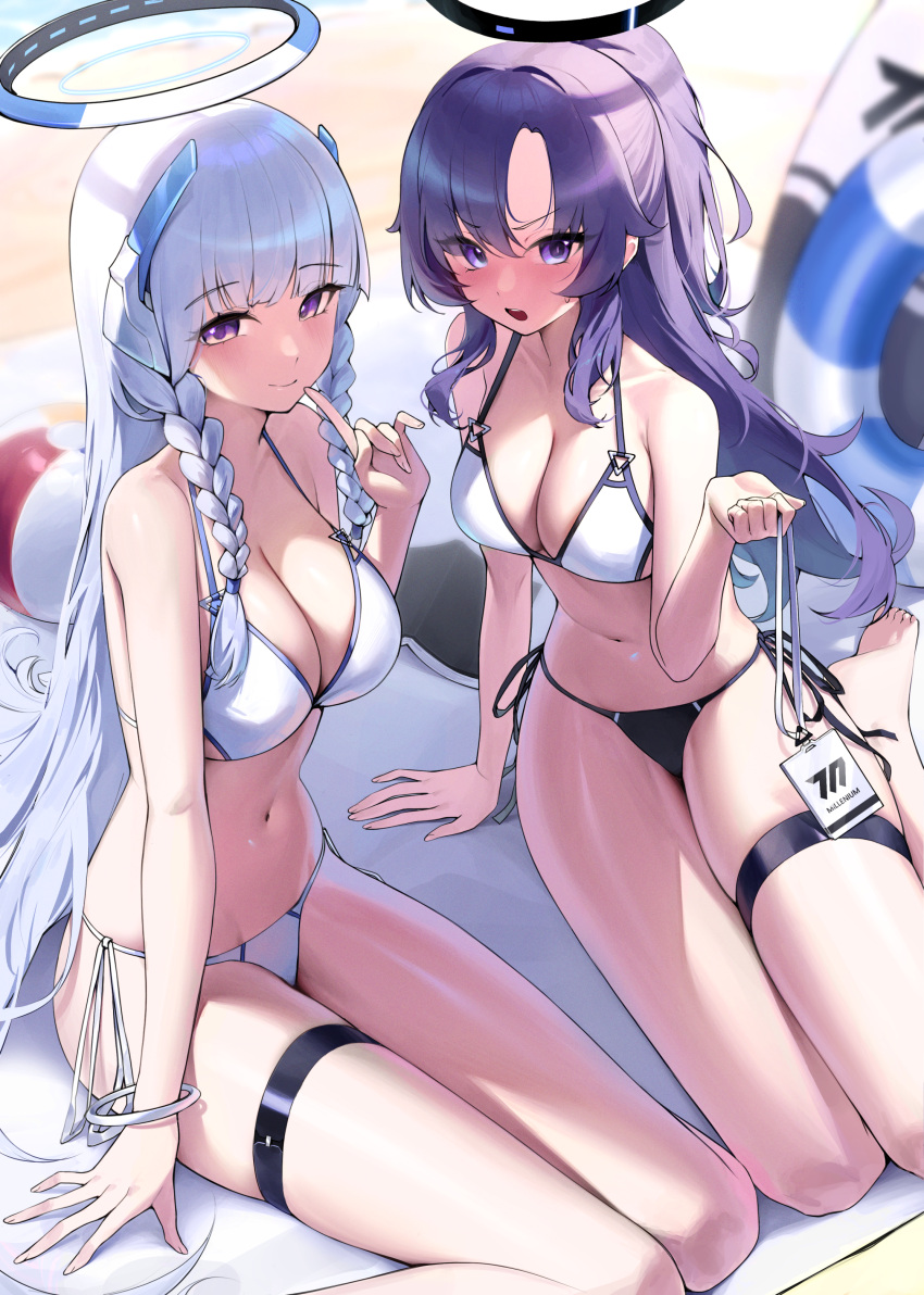 2girls absurdres alternate_costume arm_support ball beachball bikini blue_archive braided_sidelock breasts cleavage commentary grey_hair halo headgear highres innertube lanyard large_breasts mat medium_breasts mismatched_bikini multiple_girls navel noa_(blue_archive) outdoors purple_hair sbgu side-tie_bikini_bottom sitting skindentation stomach surfboard swim_ring swimsuit thigh_strap white_bikini yuuka_(blue_archive)