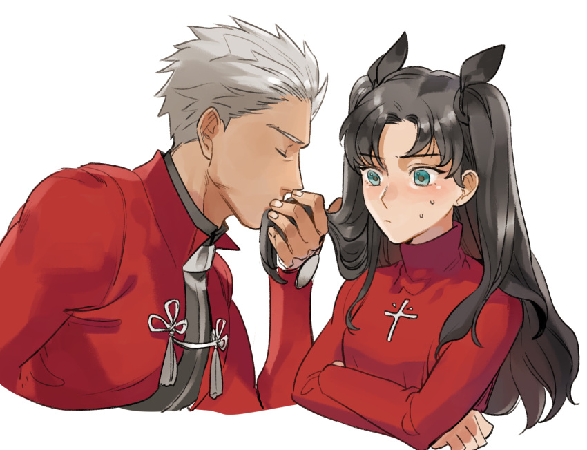 1boy 1girl archer_(fate) black_hair black_ribbon black_shirt blue_eyes blush closed_eyes closed_mouth cropped_torso cross crossed_arms fate/stay_night fate_(series) grey_hair halorane hetero highres jacket kissing_hair long_hair red_jacket red_sweater ribbon shirt short_hair simple_background sweatdrop sweater tassel tohsaka_rin twintails white_background