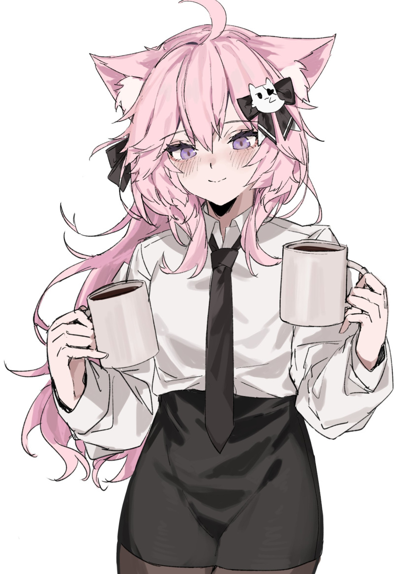 1girl ahoge alternate_costume animal_ear_fluff animal_ears aogisa bangs black_bow black_eyepatch black_necktie black_skirt blush bow cat_ears cat_girl cat_hair_ornament cat_ornament coffee_mug collared_shirt commission cup english_commentary eyebrows_visible_through_hair eyepatch hair_between_eyes hair_ornament highres holding holding_cup long_hair long_sleeves looking_at_viewer loose_clothes loose_shirt mug necktie nyatasha_nyanners pantyhose pink_hair purple_eyes second-party_source shirt shirt_tucked_in skeb_commission skirt smile solo virtual_youtuber vshojo