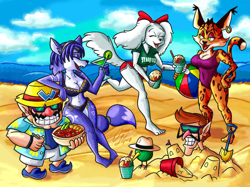 avian beach beverage bikini bird_dog breasts canid canine canis cleavage clothed clothing cloud crossover day dessert domestic_dog ear_piercing ear_ring fay_spaniel felid feline female food fox group hi_res humanoid humanoid_pointy_ears hunting_dog ice_cream krystal lynx male mammal mario_bros miyu_lynx nintendo omar2203 open_mouth open_smile piercing ring_piercing sand seaside signature smile spaniel star_fox swimwear waluigi wario water