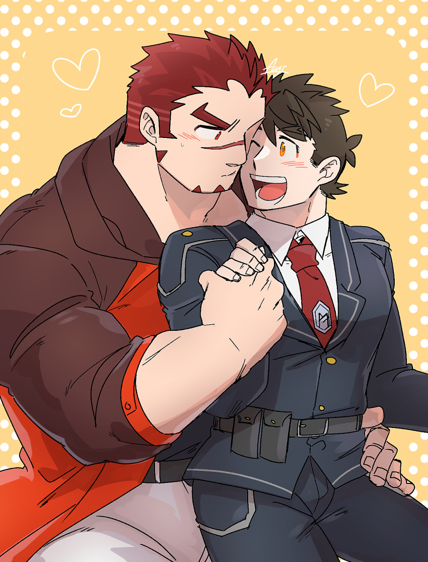 2boys akashi_(live_a_hero) bara border couple cowboy_shot facial_hair fujishima_kazuya goatee hand_on_another's_hip heart highres holding_hands large_hands light_blush live_a_hero long_sideburns male_focus male_protagonist_(live_a_hero) multiple_boys muscular muscular_male one_eye_closed pectorals red_eyes red_hair scar scar_on_face scar_on_nose short_hair sideburns thick_eyebrows v-shaped_eyebrows white_border yaoi