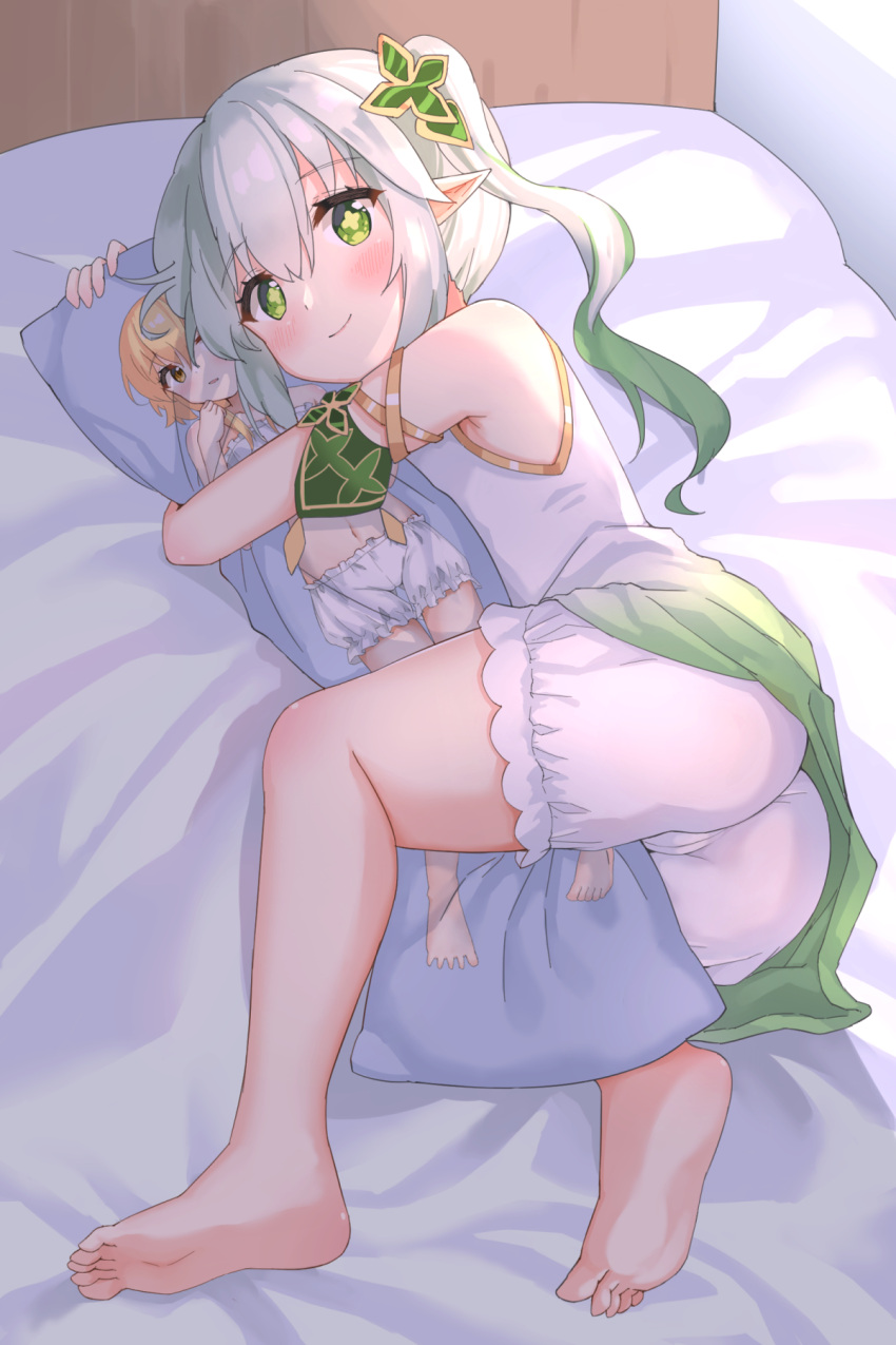 2girls ass barefoot bed bedroom bloomers blush character_pillow dakimakura_(object) dress feet genshin_impact gradient_hair green_eyes green_hair hair_ornament highres hugging_object indoors kneepits legs long_hair looking_at_viewer lumine_(genshin_impact) lying multicolored_hair multiple_girls nahida_(genshin_impact) on_side pillow pillow_hug short_dress side_ponytail sleeveless sleeveless_dress smile soles thighs toes white_bloomers white_dress white_hair yuetsu