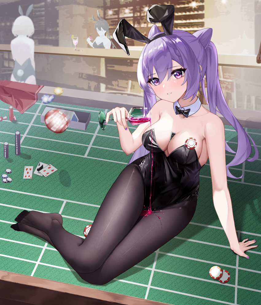 3girls absurdres alcohol animal_ears bare_shoulders between_breasts black_pantyhose blush breasts candy_shunya card casino fake_animal_ears genshin_impact glass highres keqing_(genshin_impact) light_smile long_hair looking_at_viewer medium_breasts multiple_girls no_shoes pantyhose parted_lips purple_eyes rabbit_ears sitting thighs wine yokozuwari