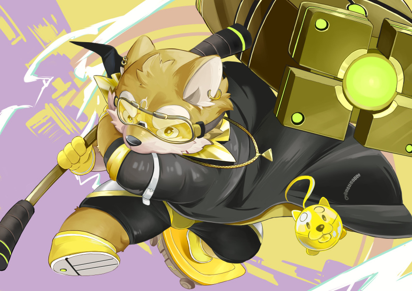 absurd_res anthro bulge canid canine canis clothing domestic_dog eyewear fighting_pose fur goggles hammer hechaxianzhi hi_res lifewonders live_a_hero male mammal pose procy short_stack solo spandex superhero tight_clothing tools yellow_body yellow_fur