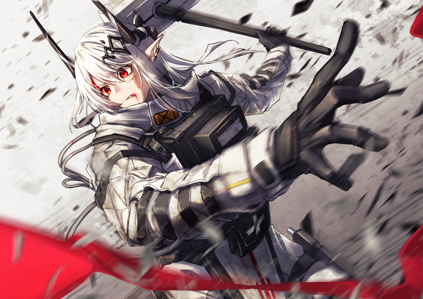 1girl absurdres arknights black_gloves blood blood_on_face clenched_teeth commentary_request debris dirty dirty_clothes dirty_face ear_piercing gloves hair_between_eyes hair_ornament hammer highres holding holding_hammer holding_weapon horns jumpsuit kuromu long_hair long_sleeves motion_blur motion_lines mudrock_(arknights) parted_lips piercing pointy_ears red_eyes scrape solo teeth very_long_hair weapon white_hair white_jumpsuit