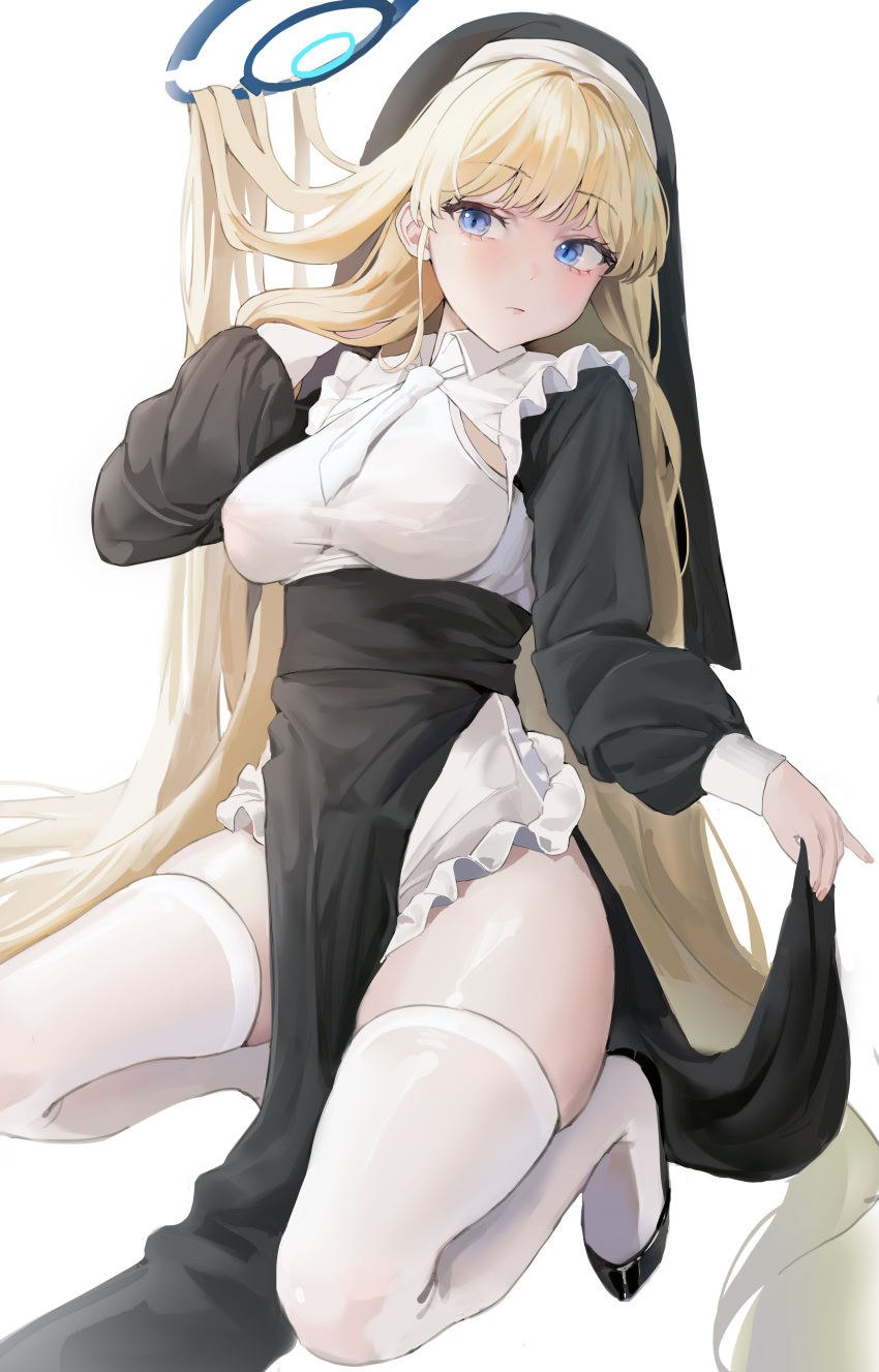 1girl absurdres alternate_costume black_footwear blonde_hair blue_archive blue_eyes blue_halo breasts closed_mouth coif habit halo highres large_breasts long_hair long_sleeves nun shoes simple_background solo thighhighs toki_(blue_archive) white_background white_thighhighs xu_wen_(bbb2822828)