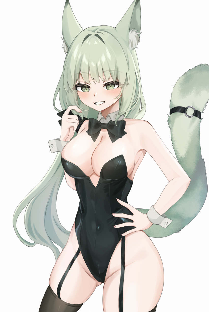 1girl absurdres alternate_costume animal_ear_fluff animal_ears arknights black_leotard bow bowtie breasts cat_ears cat_girl cat_tail cleavage detached_collar garter_straps green_eyes green_hair hand_on_own_hip harmonie_(arknights) highleg highres leotard nishimiya_aki playboy_bunny strapless strapless_leotard tail tail_ornament tail_ring traditional_bowtie white_background wrist_cuffs