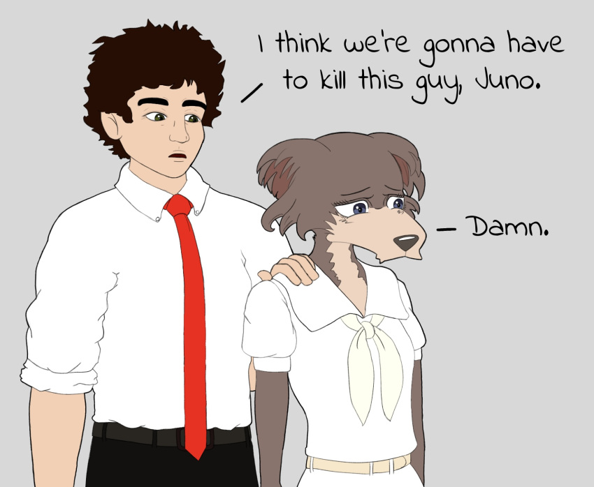 anthro beastars bottomwear brown_hair canid canine canis character_request chipepper_(artist) clothing colored duo female fur hair hand_on_shoulder hi_res human humanoid i_think_we're_gonna_have_to_kill_this_guy joe_hawley juno_(beastars) lips male male/female mammal meme necktie pants rolled_up_sleeves shirt simple_background tally_hall topwear uniform white_clothing white_shirt white_shirt_collar white_topwear wolf