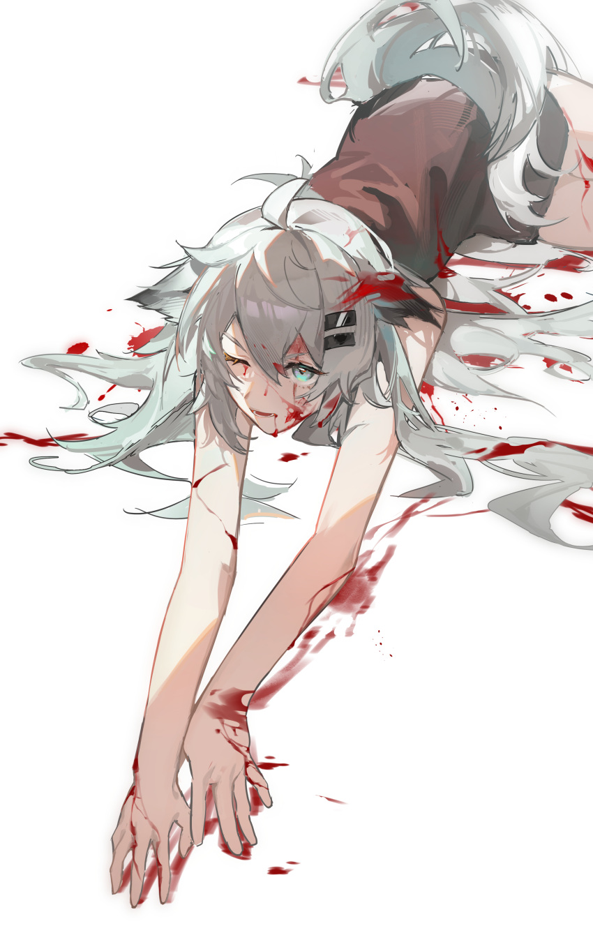 1girl absurdres animal_ears arknights blood blood_in_hair blood_on_clothes blood_on_face blood_on_hands blood_splatter blue_eyes commentary_request grey_hair highres lappland_(arknights) long_hair looking_ahead lying on_stomach one_eye_closed outstretched_arms parted_lips rui_(woyoudabing_rui) scar scar_across_eye simple_background solo tail v-shaped_eyebrows variant_set white_background wolf_ears wolf_tail