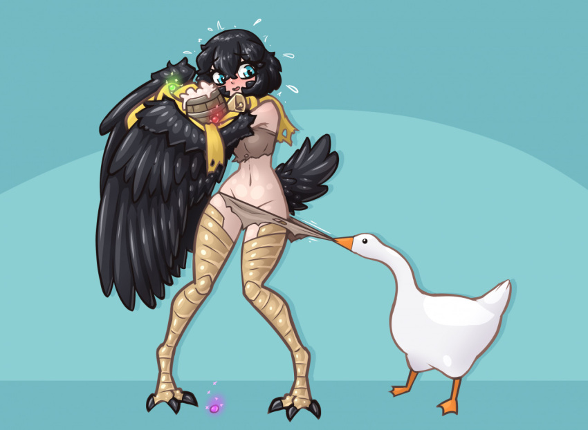 1girl animal assisted_exposure bangs bare_shoulders beer_mug bell bird bird_legs bird_tail black_hair black_wings blue_background blue_eyes blush cowbell cup dark_souls_(series) dark_souls_iii embarrassed english_commentary eyebrows_visible_through_hair feathered_wings feathers flying_sweatdrops gem goose goose_(untitled_goose_game) hair_between_eyes harpy holding holding_cup limebreaker midriff monster_girl mug open_mouth panties panty_pull personification pickle_pee_pump-a-rum_crow pulled_by_another rags short_hair simple_background tail talons tankard underwear untitled_goose_game winged_arms wings