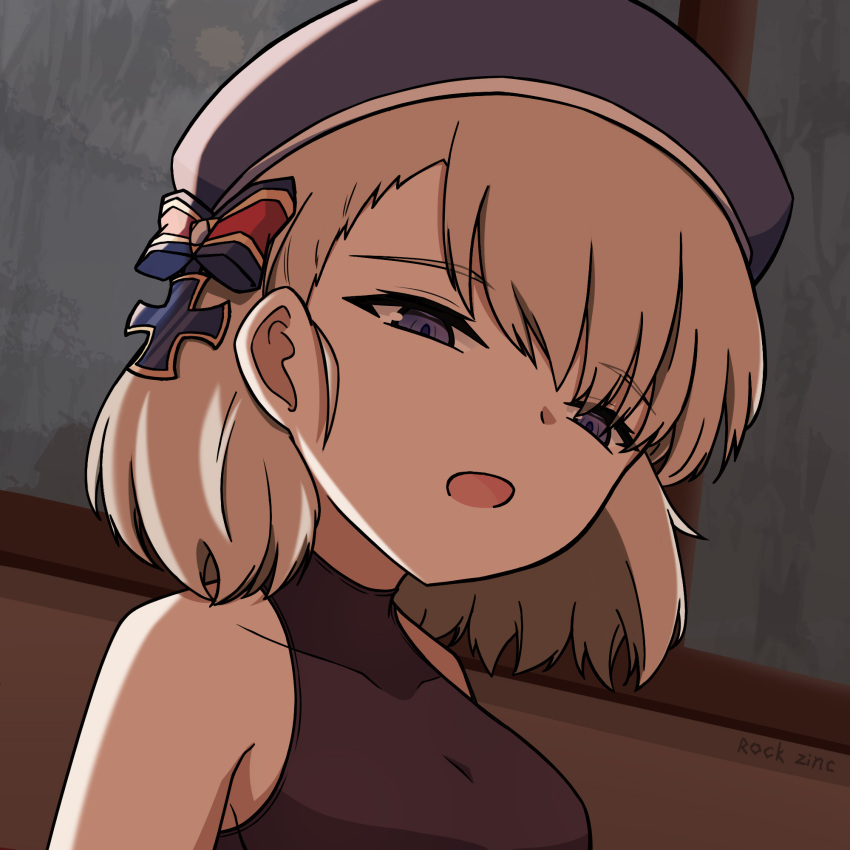 1girl artist_name azur_lane bare_shoulders beret blue_headwear bow breasts brown_hair commentary_request covered_collarbone cross hair_bow half-closed_eyes hat highres indoors iron_cross looking_at_viewer medium_breasts open_mouth purple_eyes rock_zinc signature solo striped_bow upper_body window z23_(azur_lane)