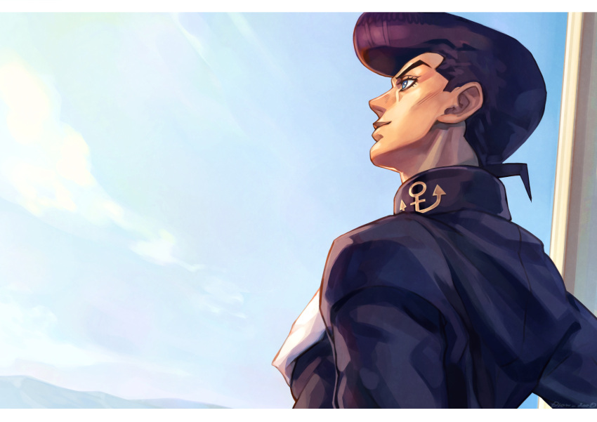 1boy anchor_symbol black_hair black_jacket blue_eyes blue_sky closed_mouth cloud commentary_request diamond_wa_kudakenai from_side gakuran higashikata_josuke highres jacket jojo_no_kimyou_na_bouken letterboxed long_sleeves looking_afar looking_ahead male_focus pompadour profile school_uniform shikabane_(draw_tadao14) short_hair sky smile solo upper_body