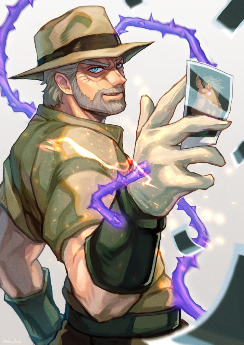 1boy beard between_fingers blue_eyes brown_headwear brown_pants brown_shirt commentary_request dio_brando dio_brando's_pose_(jojo) electricity facial_hair fedora florakinesis foreshortening from_side gloves grey_hair hat hermit_purple highres holding jojo_no_kimyou_na_bouken jojo_pose joseph_joestar joseph_joestar_(old) looking_at_viewer male_focus old old_man pants parted_lips photo_(object) shikabane_(draw_tadao14) shirt short_hair short_sleeves sideburns smile solo stand_(jojo) stardust_crusaders teeth upper_body v-shaped_eyebrows white_gloves wrinkled_skin