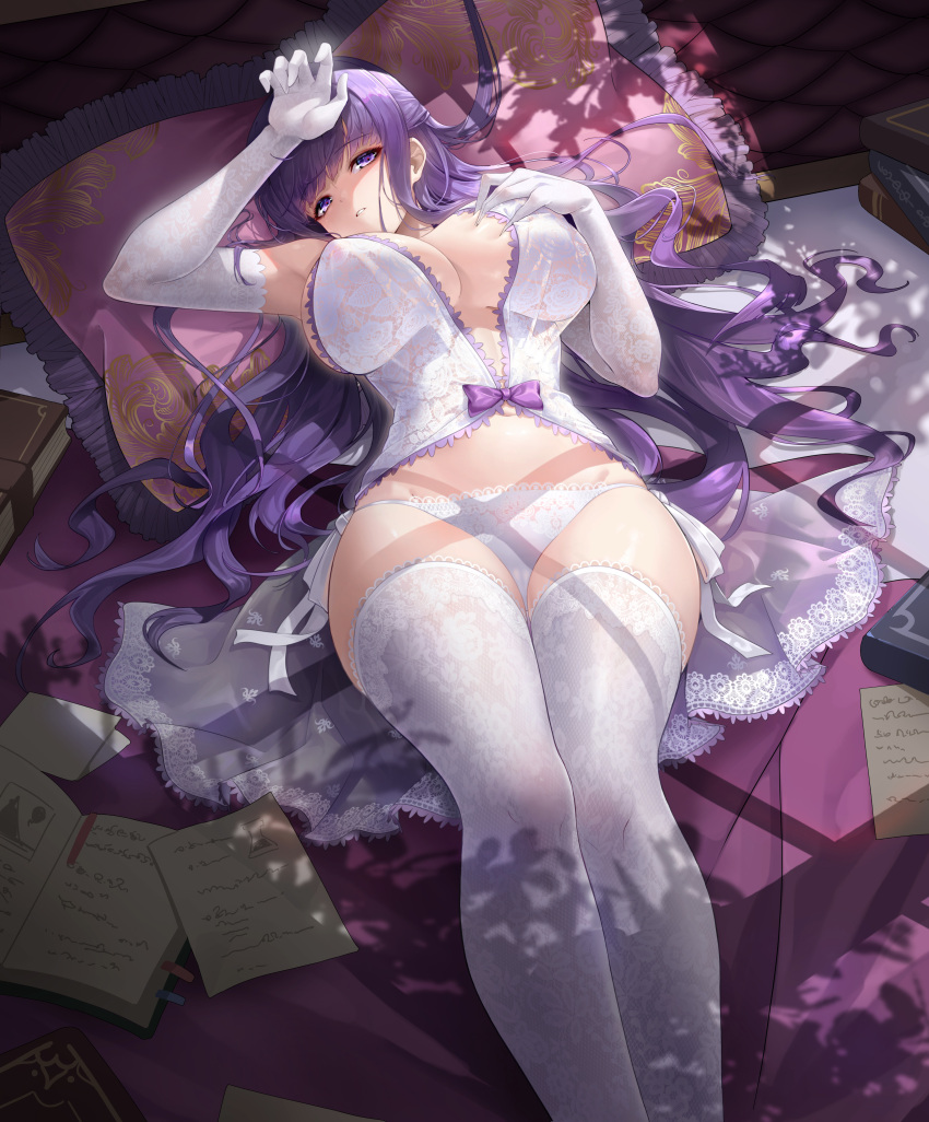 1girl absurdres babydoll breasts elbow_gloves fern_(sousou_no_frieren) gloves highres kiaji_(pixiv7643817) large_breasts lingerie long_hair looking_at_viewer lying on_back panties pillow purple_eyes purple_hair solo sousou_no_frieren straight_hair thighhighs underwear very_long_hair white_babydoll white_gloves white_panties white_thighhighs