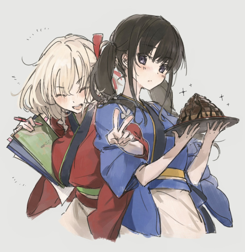 2girls black_hair blonde_hair blue_kimono blush breasts closed_mouth commentary cowboy_shot cropped_legs grey_background hair_ribbon hashtag_only_commentary highres holding holding_plate inoue_takina japanese_clothes kimono large_breasts locked_arms lone_nape_hair long_hair looking_at_viewer lycoris_recoil multiple_girls nishikigi_chisato official_alternate_costume one_side_up open_mouth plate poop_parfait purple_eyes red_kimono red_ribbon ribbon shigure_(shigure_43) short_hair short_sleeves sidelocks simple_background sparkle tasuki teeth twintails upper_teeth_only v