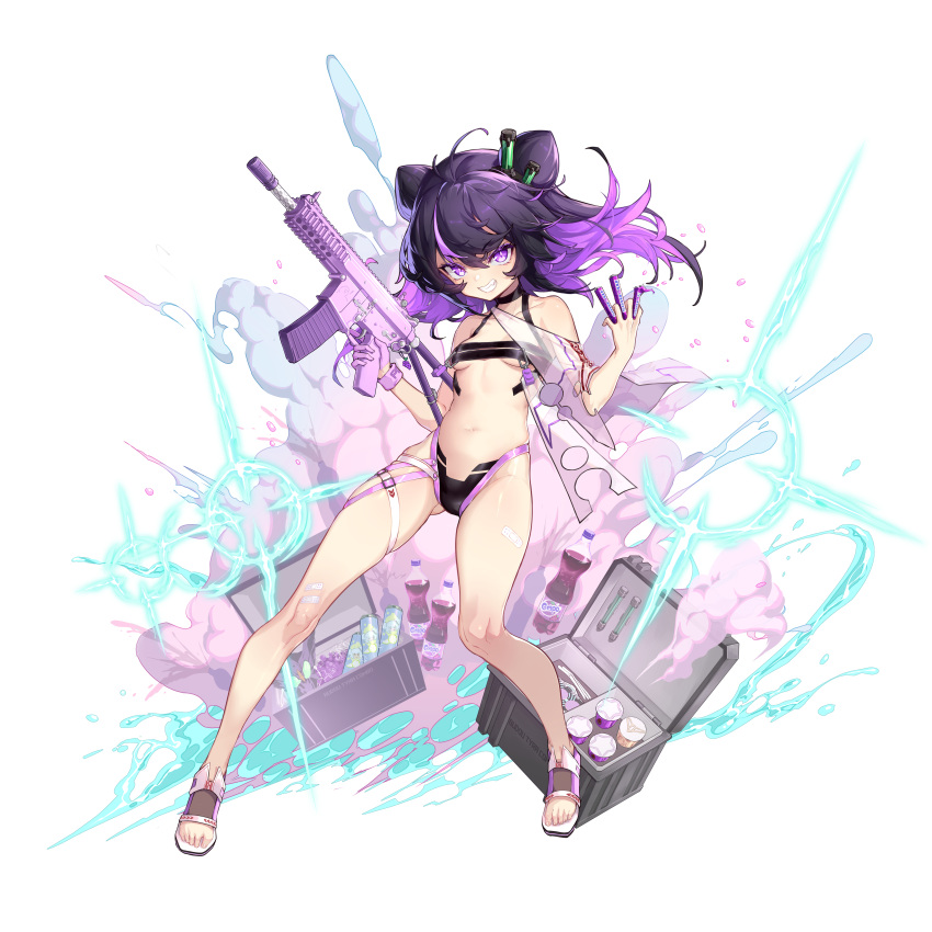 1girl absurdres ass_visible_through_thighs bandaid bandaid_on_knee bandaid_on_leg bare_legs breasts bright_pupils covered_navel double_bun eyebrows_visible_through_hair fanta full_body girls'_frontline grin gun hair_between_eyes hair_cones highres kac-pdw kac-pdw_(girls'_frontline) long_hair mentos multicolored_hair navel official_alternate_costume official_art one-piece_swimsuit purple_eyes purple_hair sandals see-through shanyao_jiang_tororo simple_background small_breasts smile soda_bottle solo streaked_hair swimsuit thigh_strap third-party_edit trigger_discipline two-tone_hair underboob weapon white_background wristband