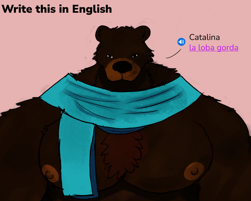 anthro armpit_hair bear big_muscles big_pecs body_hair brown_body brown_fur brown_nipples clothed clothing digital_drawing_(artwork) digital_media_(artwork) english_text falstaff_(duolingo) fluffy front_view fur grumpy hi_res huge_muscles huge_pecs liamjackal looking_at_viewer male mammal muscular muscular_anthro muscular_male neck_tuft nipples overweight overweight_anthro partially_clothed pecs portrait solo spanish_text text topless tuft ursidae