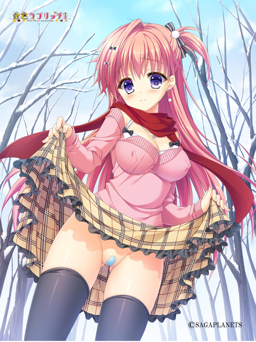 1girl 3: arisue_tsukasa ass_visible_through_thighs bandaid bandaid_on_pussy bare_tree black_bow black_thighhighs blush bow breasts cleavage closed_mouth clothes_lift company_name copyright_name covered_nipples cowboy_shot day earrings floating_hair frilled_skirt frills fringe_trim frown hair_between_eyes hair_bow hair_ornament highres impossible_clothes jewelry kin-iro_loveriche kuryuu_akane large_breasts lifted_by_self long_hair looking_at_viewer off-shoulder_sweater off_shoulder official_art one_side_up outdoors pink_bow pink_hair pink_sweater plaid plaid_skirt pom_pom_(clothes) pom_pom_earrings pom_pom_hair_ornament presenting purple_eyes pussy red_scarf scarf shiny_skin shirt_lift shy skirt sleeves_past_wrists snow solo split_mouth sweater thighhighs thighs tree very_long_hair winter winter_clothes yellow_skirt