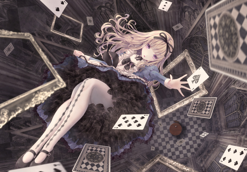 1girl alice_(alice_in_wonderland) alice_in_wonderland architecture black_bow black_footwear blonde_hair blue_dress bow card commentary_request dress dutch_angle falling floating_hair from_above full_body gothic_architecture gothic_lolita highres indoors juliet_sleeves lolita_fashion long_hair long_sleeves looking_at_viewer mary_janes missile228 outstretched_arm pantyhose perspective petticoat picture_frame playing_card puffy_sleeves purple_eyes shoes solo white_pantyhose