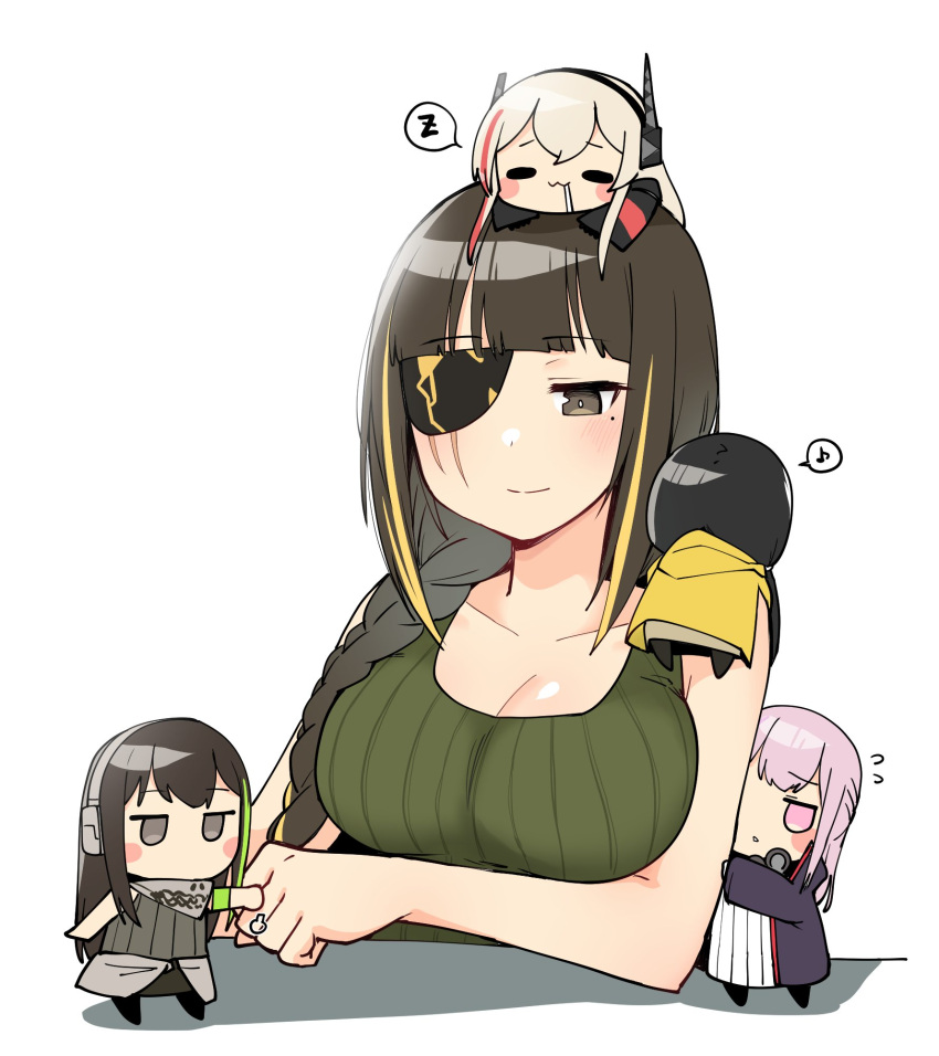 5girls black_hair black_jacket blonde_hair breasts brown_hair eyepatch girls'_frontline green_shirt headset highres jacket junsuina_fujunbutsu long_hair looking_at_another m16a1_(girls'_frontline) m4_sopmod_ii_(girls'_frontline) m4a1_(girls'_frontline) multicolored_hair multiple_girls pink_hair ro635_(girls'_frontline) shirt st_ar-15_(girls'_frontline) yellow_jacket