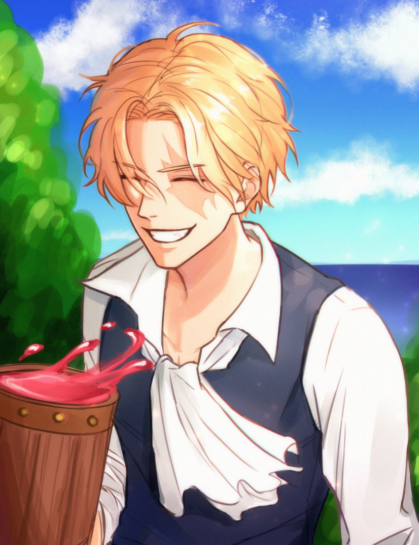 1boy ^_^ alcohol ascot bin_(binonep) blonde_hair closed_eyes collared_shirt commentary_request cup highres holding holding_cup male_focus ocean one_piece sabo_(one_piece) scar scar_on_face shirt short_hair sky smile solo tree upper_body waistcoat white_ascot white_shirt wine