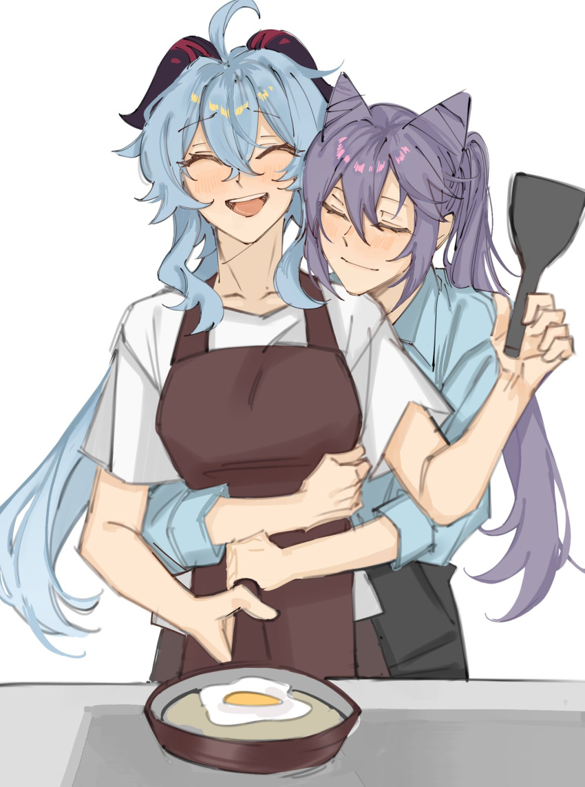 2girls ahoge apron blue_hair brown_apron closed_eyes commentary cone_hair_bun egg frying_pan ganyu_(genshin_impact) genshin_impact hair_bun highres holding holding_spatula horns hug hug_from_behind keqing_(genshin_impact) khanhs laughing long_hair multiple_girls open_mouth purple_hair shirt short_sleeves simple_background smile spatula white_background white_shirt yuri