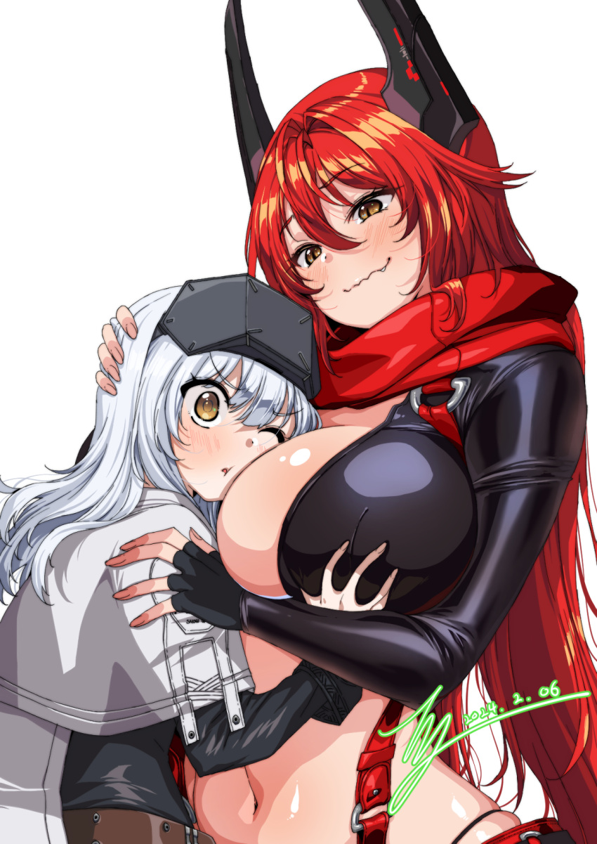 2girls blush breasts cleavage closed_mouth commentary commission cowboy_shot goddess_of_victory:_nikke hair_between_eyes hair_intakes highres large_breasts looking_at_another multiple_girls navel one_eye_closed parted_lips rantia red_hood_(nikke) sidelocks simple_background skindentation smile snow_white_(innocent_days)_(nikke) snow_white_(nikke) standing stomach white_background