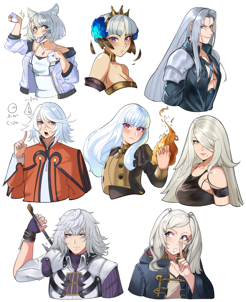 3boys 5girls a2_(nier:automata) absurdres aqua_eyes armor bare_shoulders black_coat black_robe breasts casting_spell chest_jewel cleavage closed_mouth coat collarbone color_connection commentary cropped_torso deliciousbrain eyelashes final_fantasy final_fantasy_vii fire_emblem fire_emblem:_three_houses fire_emblem_awakening fish fish_in_mouth food_in_mouth frown garreg_mach_monastery_uniform gloves gold_trim grey_hair gwendolyn_(odin_sphere) hair_color_connection hair_intakes hair_over_one_eye highres hooded_robe index_finger_raised jacket jewelry jin_(xenoblade) lightning long_hair looking_to_the_side lysithea_von_ordelia math medium_hair mio_(xenoblade) mole mole_under_mouth multiple_boys multiple_girls neck_ring nier:automata nier_(series) odin_sphere open_clothes open_jacket open_mouth parted_lips paw_pose pectoral_cleavage pectorals pink_eyes pink_lips purple_eyes purple_gloves raine_sage robe robin_(female)_(fire_emblem) robin_(fire_emblem) sephiroth shirt short_hair shoulder_armor simple_background smile sparkle sword sword_on_back tales_of_(series) tales_of_symphonia teeth tiara twintails two-sided_robe weapon weapon_on_back white_background white_hair white_shirt xenoblade_chronicles_(series) xenoblade_chronicles_2 xenoblade_chronicles_3 yellow_eyes