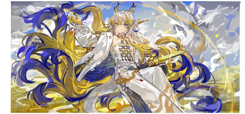 1girl arknights arm_up bead_bracelet beads blonde_hair blue_eyes blue_hair blue_sky bracelet branch closed_mouth cloud cloudy_sky dragon_girl dragon_horns earrings feet_out_of_frame feng_chui_xiyang_xie floating floating_hair grey_hair hair_between_eyes hair_ornament hair_spread_out hair_stick highres holding holding_sword holding_weapon horns jacket jewelry knee_up long_hair long_sleeves looking_at_viewer multicolored_hair open_clothes open_hand open_jacket outdoors pants pointy_ears rainbow shirt shu_(arknights) sidelocks sky smile solo strapless strapless_shirt streaked_hair sword tassel tassel_earrings very_long_hair weapon white_jacket white_pants white_shirt