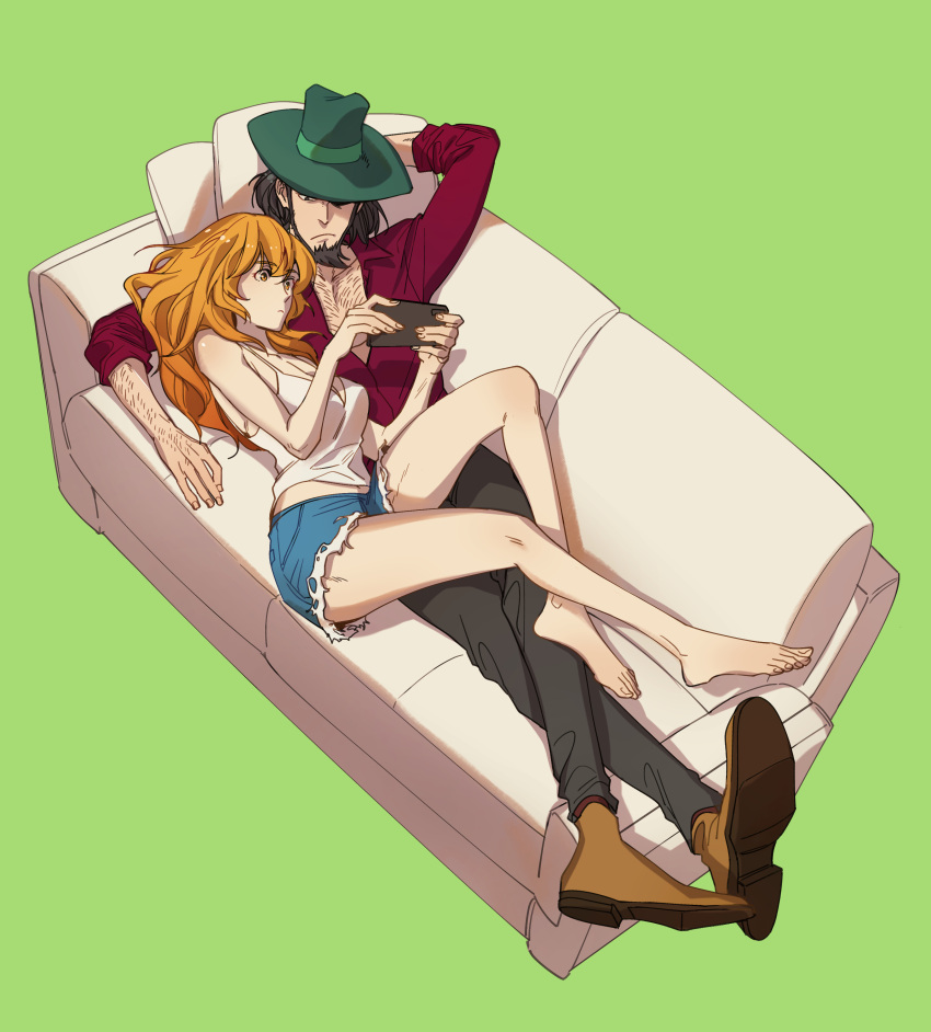 1boy 1girl absurdres arm_behind_head arm_hair barefoot black_hair black_pants blue_shorts breasts brown_footwear cellphone chest_hair cleavage closed_mouth couch from_above green_background green_headwear halorane hetero highres holding holding_phone jigen_daisuke long_legs lupin_iii lying midriff_peek mine_fujiko on_side orange_hair pants pectoral_cleavage pectorals phone pillow red_shirt shirt shorts smartphone toenails white_shirt