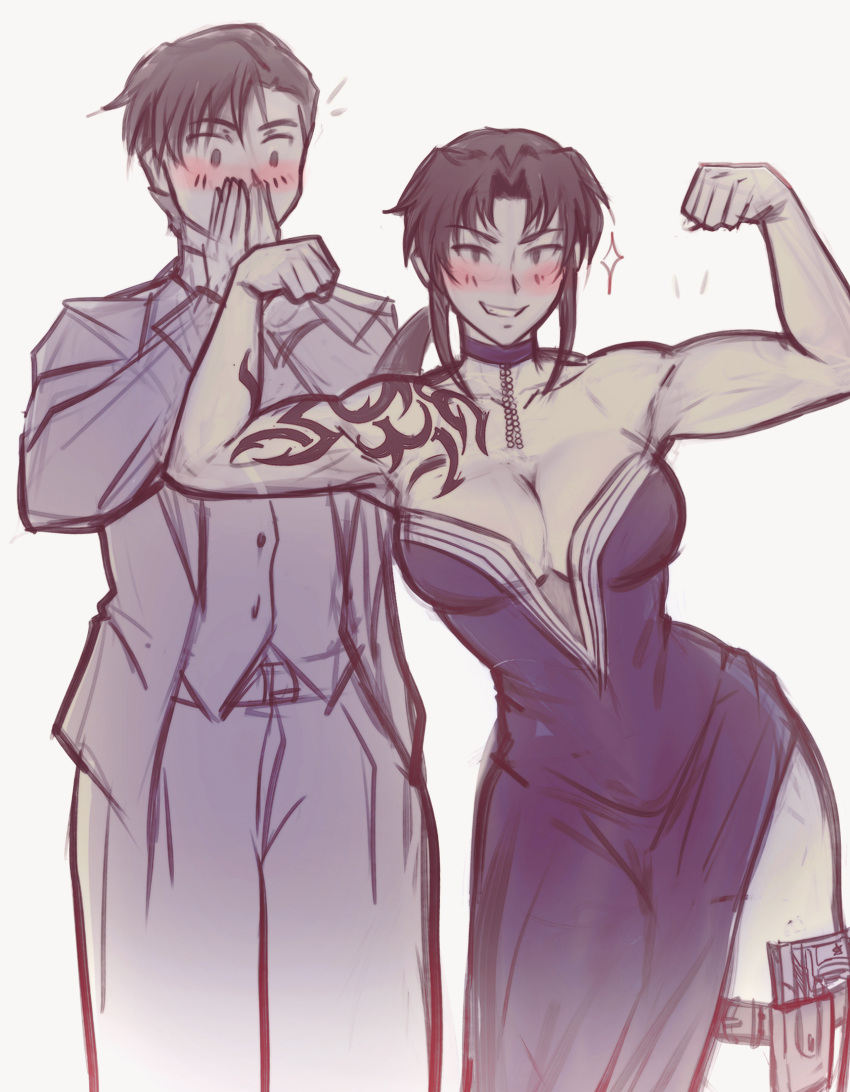 1boy 1girl black_lagoon blush brown_hair dress evening_gown flexing formal highres holster iahfy jacket long_hair meme okajima_rokuro ponytail revy_(black_lagoon) shoulder_tattoo suit suit_jacket tattoo thigh_holster