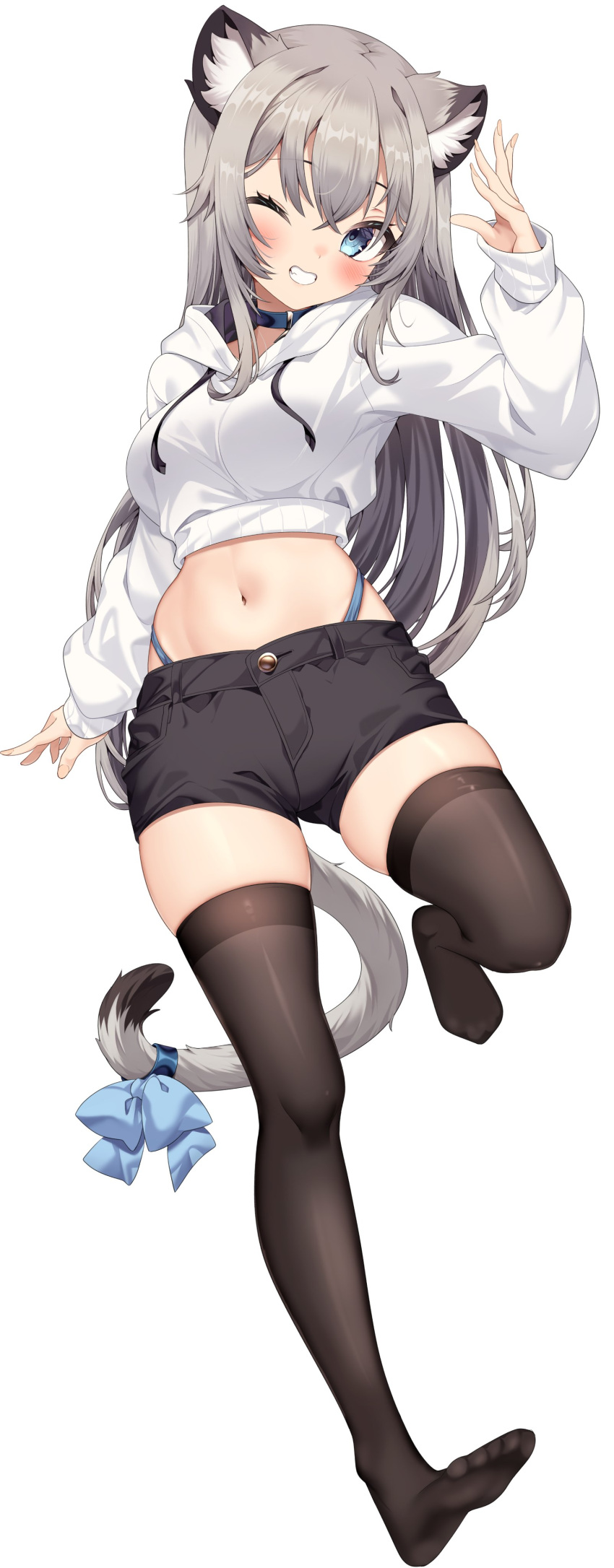 1girl ;d absurdres animal_ear_fluff animal_ears black_shorts black_thighhighs blue_eyes bow breasts cat_ears cat_girl cat_tail collar commission crop_top cropped_hoodie full_body grey_hair grin highres hood hood_down hoodie jun_(aousa0328) large_breasts long_hair long_sleeves looking_at_viewer navel no_shoes one_eye_closed original shorts simple_background skeb_commission smile stomach tail tail_bow tail_ornament thighhighs thong white_background white_hoodie