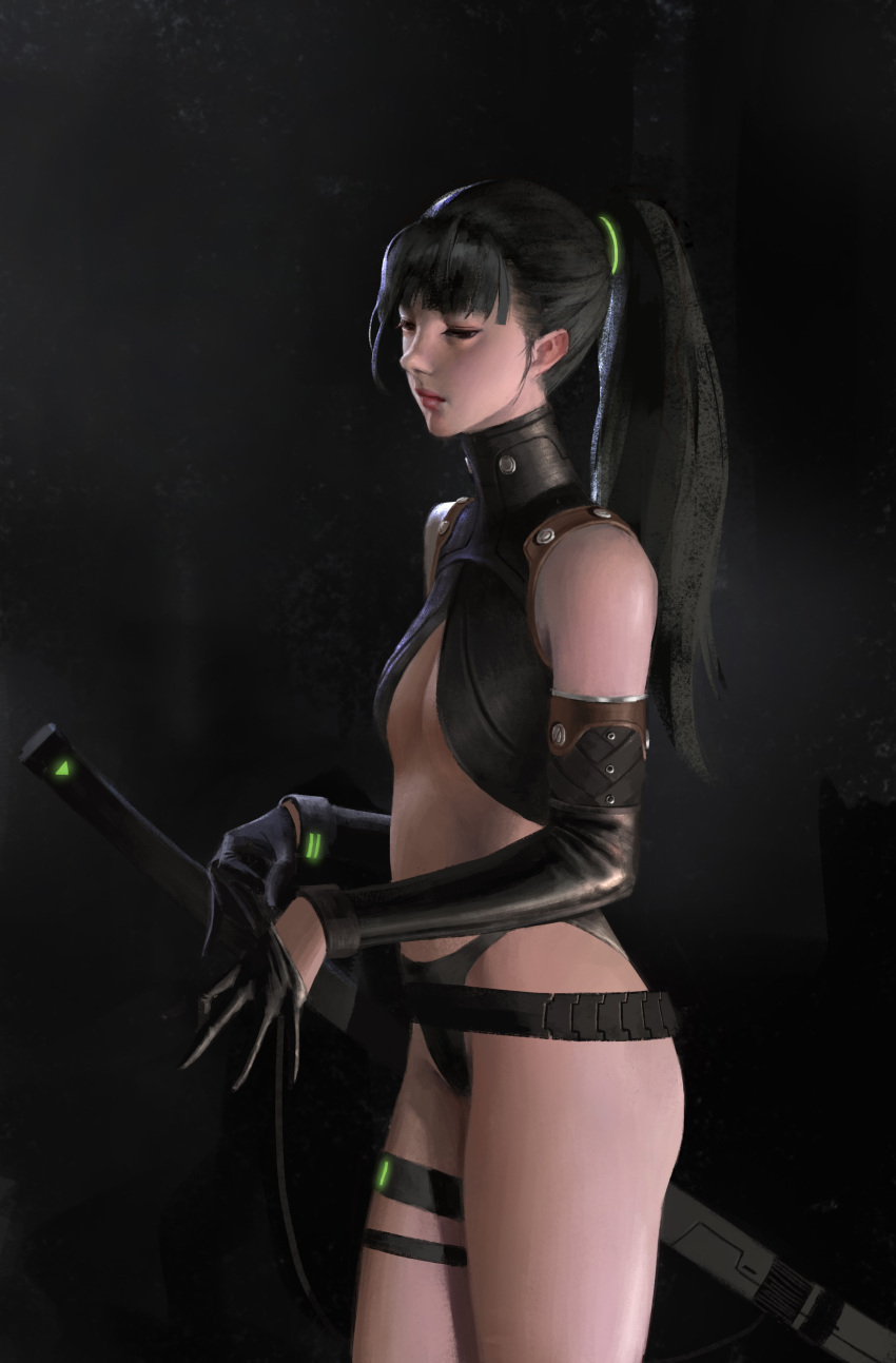 1girl absurdres bangku_an bare_shoulders belt black_background black_gloves black_hair black_panties blunt_bangs breasts cleavage_cutout closed_mouth clothing_cutout commentary cowboy_shot crop_top cyberpunk detached_sleeves english_commentary eyelashes from_side gloves glowing highres lips long_hair looking_ahead original panties pink_lips ponytail putting_on_gloves revealing_clothes sad small_breasts solo sword thigh_belt thigh_strap underwear weapon