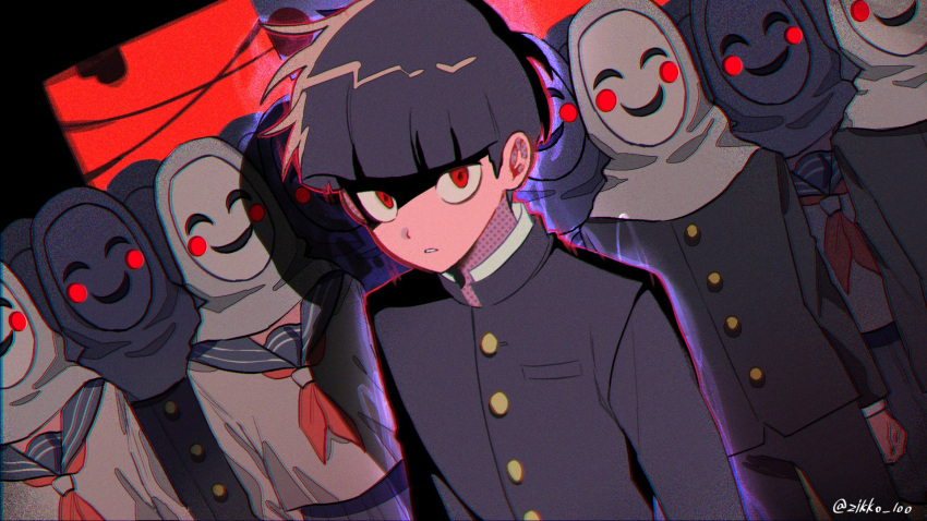 1boy black_hair black_jacket blunt_bangs bowl_cut gakuran highres jacket kageyama_shigeo long_sleeves looking_at_viewer male_focus mask mob_psycho_100 multiple_boys multiple_girls neckerchief pants parted_lips red_eyes sailor_collar school_uniform serafuku skirt solo_focus twitter_username upper_body zikko_100