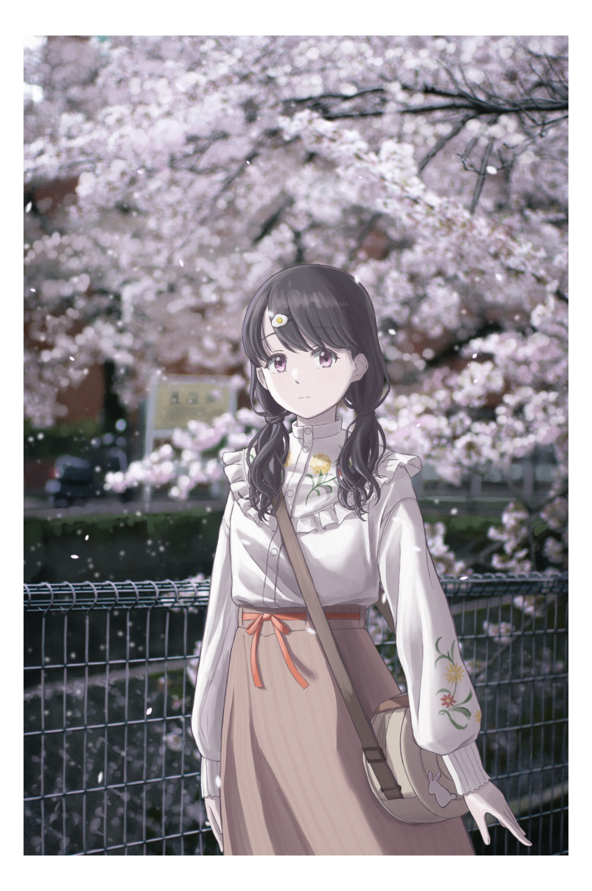 1girl bag black_hair cherry_blossoms commentary_request food-themed_hair_ornament fukumaru_koito hair_ornament hairclip highres idolmaster idolmaster_shiny_colors long_hair long_skirt long_sleeves looking_at_viewer low_twintails petals purple_eyes shirt shoulder_bag skirt solo swept_bangs t_takahashi_(ixtl416) twintails white_shirt