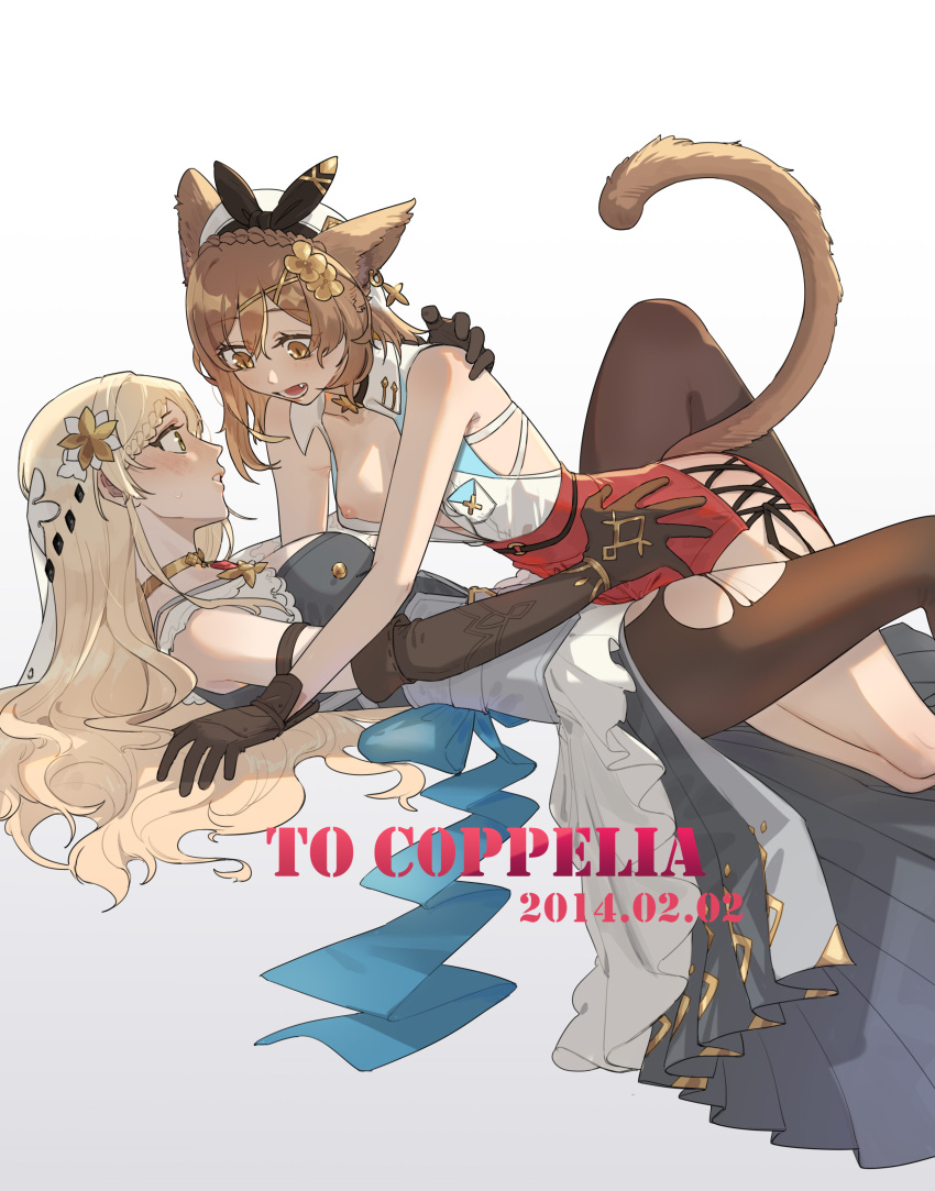2girls absurdres animal_ears atelier_(series) atelier_ryza atelier_ryza_2 black_pantyhose blonde_hair blue_ribbon blush braid breasts brown_eyes brown_gloves brown_hair cat_ears cat_tail chinese_commentary commentary_request dated dress elbow_gloves fang flower french_braid gloves gold_choker gradient_background grey_background grey_dress hair_flower hair_ornament hand_on_another's_waist highres kemonomimi_mode klaudia_valentz long_hair lying medium_hair multiple_girls nipples on_back open_clothes open_mouth open_shirt pantyhose parted_lips red_skirt reisalin_stout ribbon shirt skirt small_breasts sweatdrop tail tuxiaoning_not white_background white_flower white_shirt yuri