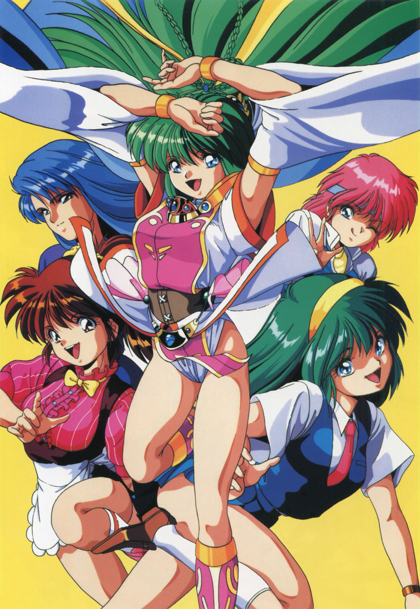 1990s_(style) 5girls ;p absurdres apron arms_up bangs blue_eyes blue_hair blue_vest bracelet braid brown_eyes brown_footwear brown_hair can_can_bunny detached_sleeves etou_rina eyebrows_visible_through_hair floating_hair green_hair hairband headband high_ponytail highres himuro_miyuki jewelry loafers long_hair medium_hair multiple_girls necktie official_art ogawa_yumi one_eye_closed ootsuki_mai open_mouth pink_hair pink_necktie retro_artstyle scan shoes short_sleeves simple_background smile swatty_(can_can_bunny) tongue tongue_out underbust vest waist_apron white_apron yanoo_masatoshi yellow_background