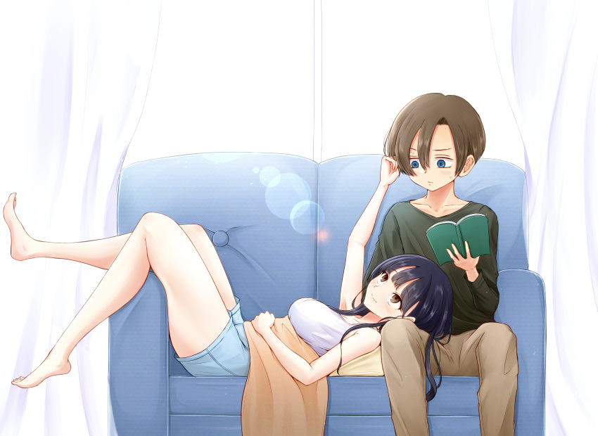 1boy 1girl absurdres bare_arms bare_shoulders barefoot blue_eyes blue_hair blue_shorts boku_no_kokoro_no_yabai_yatsu book breasts brown_eyes brown_hair brown_pants closed_mouth collarbone couch dark_blue_hair feet full_body green_shirt hair_between_eyes hand_in_another's_hair hetero highres holding holding_book ichikawa_kyoutarou indoors lap_pillow long_hair looking_at_another lying medium_breasts on_back on_couch pants ringed_eyes sacra_(sacrabokuyaba) shirt short_hair shorts sitting thighs under_covers white_shirt window yamada_anna