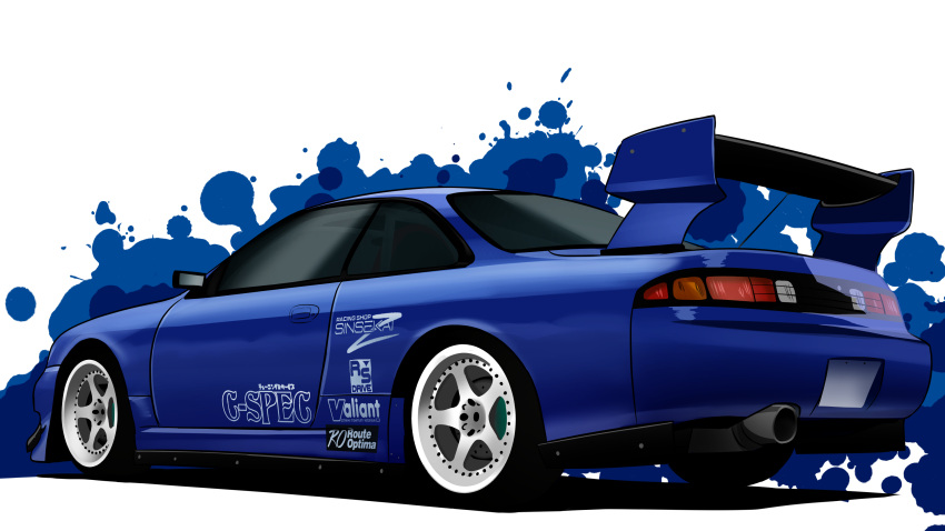 absurdres blue_car car highres manziqr motor_vehicle nissan nissan_s14_silvia nissan_silvia no_humans original paint_splatter shadow spoiler_(automobile) sponsor sports_car vehicle_focus