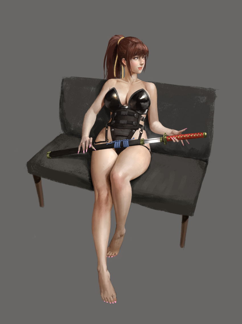 absurdres armor bangku_an bare_arms bare_legs bare_shoulders barefoot belt bench black_leotard brown_hair closed_mouth dead_or_alive full_body garter_straps grey_background hair_ribbon highres holding holding_sword holding_weapon kasumi_(doa) knee_up leotard lipstick looking_to_the_side makeup multiple_belts nail_polish parted_lips pink_nails ponytail red_lips ribbon sheath sidelocks simple_background sitting smile solo strapless strapless_leotard sword toenail_polish toenails unsheathing weapon yellow_ribbon