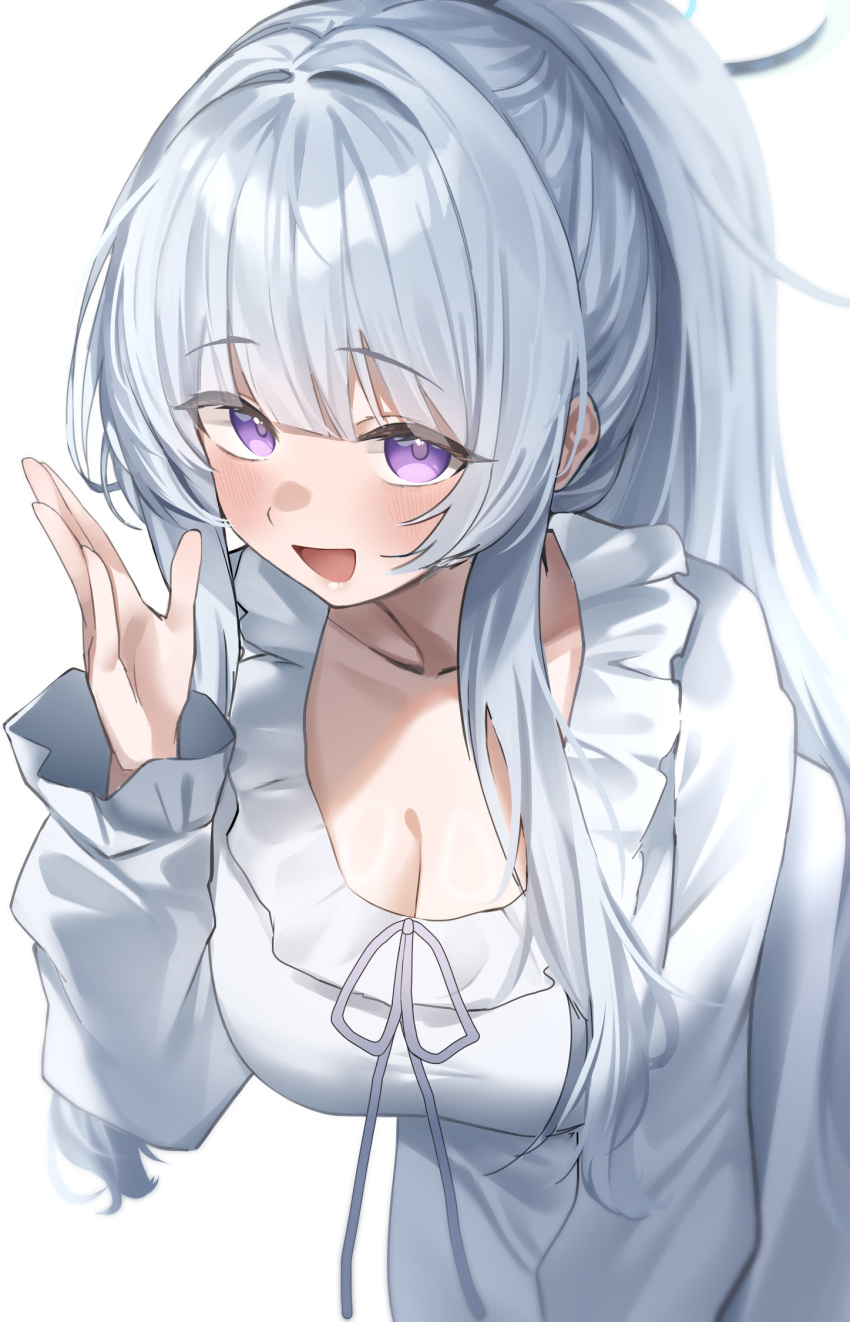 1girl blue_archive blush breasts cleavage collarbone duplicate halo highres large_breasts long_hair looking_at_viewer noa_(blue_archive) open_mouth pixel-perfect_duplicate purple_eyes revision shirt sidelocks smile solo usa_b very_long_hair white_hair white_shirt