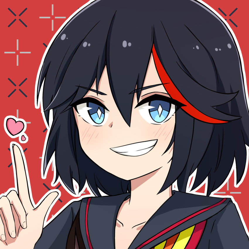 1girl black_hair black_sailor_collar black_shirt blue_eyes blush collarbone commentary_request grin hair_between_eyes hand_up heart highres index_finger_raised kill_la_kill looking_at_viewer matoi_ryuuko multicolored_hair outline red_background red_hair rock_zinc sailor_collar shirt smile solo streaked_hair upper_body white_outline