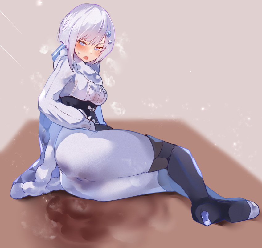 1girl akershus_fortress_(oshiro_project) arito_arayuru ass black_corset black_footwear black_gloves blue_bow blue_cape blue_cloak blue_eyes blush bodysuit boots bow braid breasts buttons cape cloak corset fluff fur-trimmed_cape fur-trimmed_cloak fur_trim gloves grey_hair hair_bow hair_ornament heavy_breathing high_heels highres long_sleeves looking_back lying on_side oshiro_project:re padded_cloak shirt solo steam steaming_body sweat thigh_boots thighs tight_clothes wet white_bodysuit white_shirt