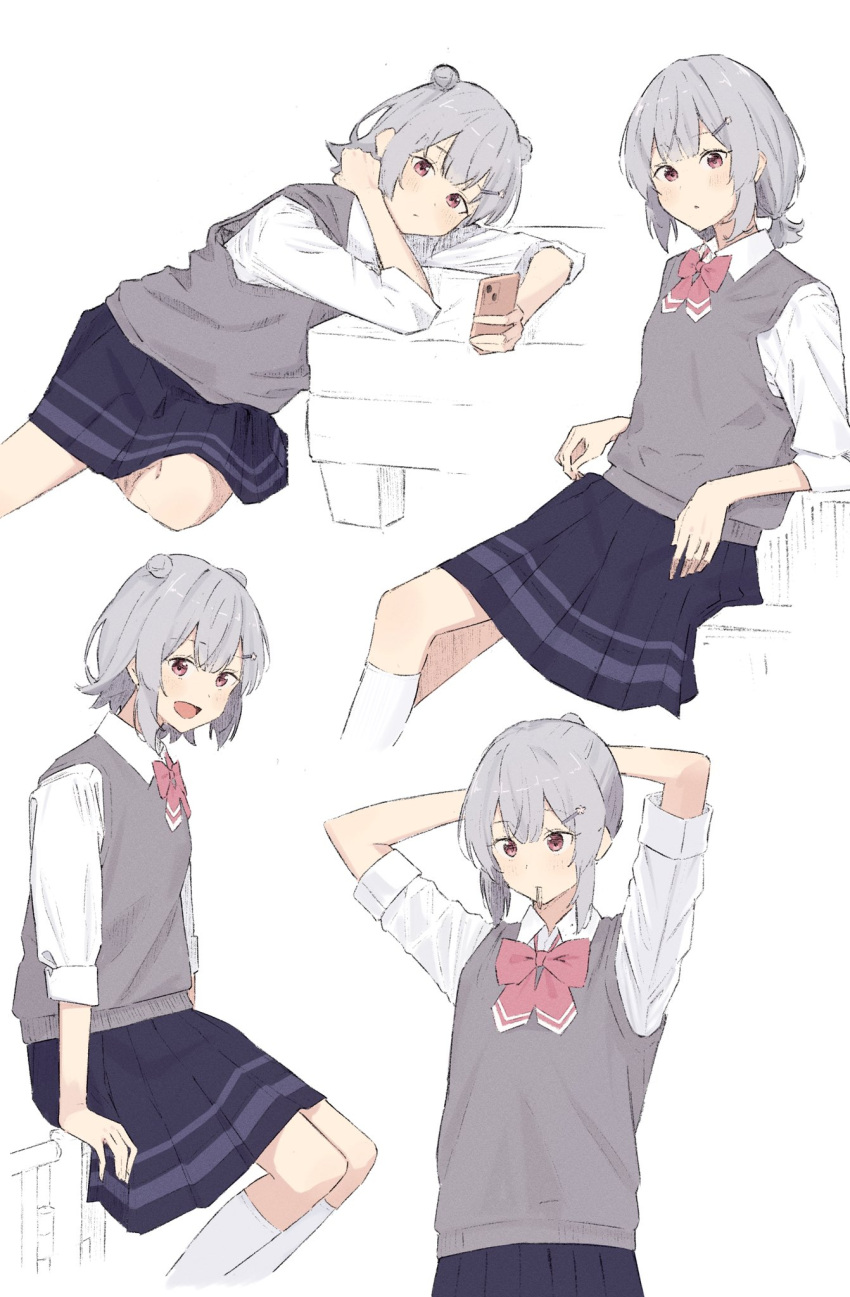 1girl :d :o arm_rest arms_up black_skirt bow bowtie cellphone cevio collared_shirt double_bun grey_hair grey_sweater_vest hair_bun hair_ornament hairclip highres holding holding_phone kneehighs koharu_rikka long_sleeves looking_at_viewer minatsuki_(m1natsuk1) mouth_hold multiple_views on_railing open_mouth phone pink_bow pink_bowtie railing red_eyes school_uniform shirt short_hair sidelocks sitting skirt smile socks sweater_vest synthesizer_v tying_hair white_background white_shirt white_socks