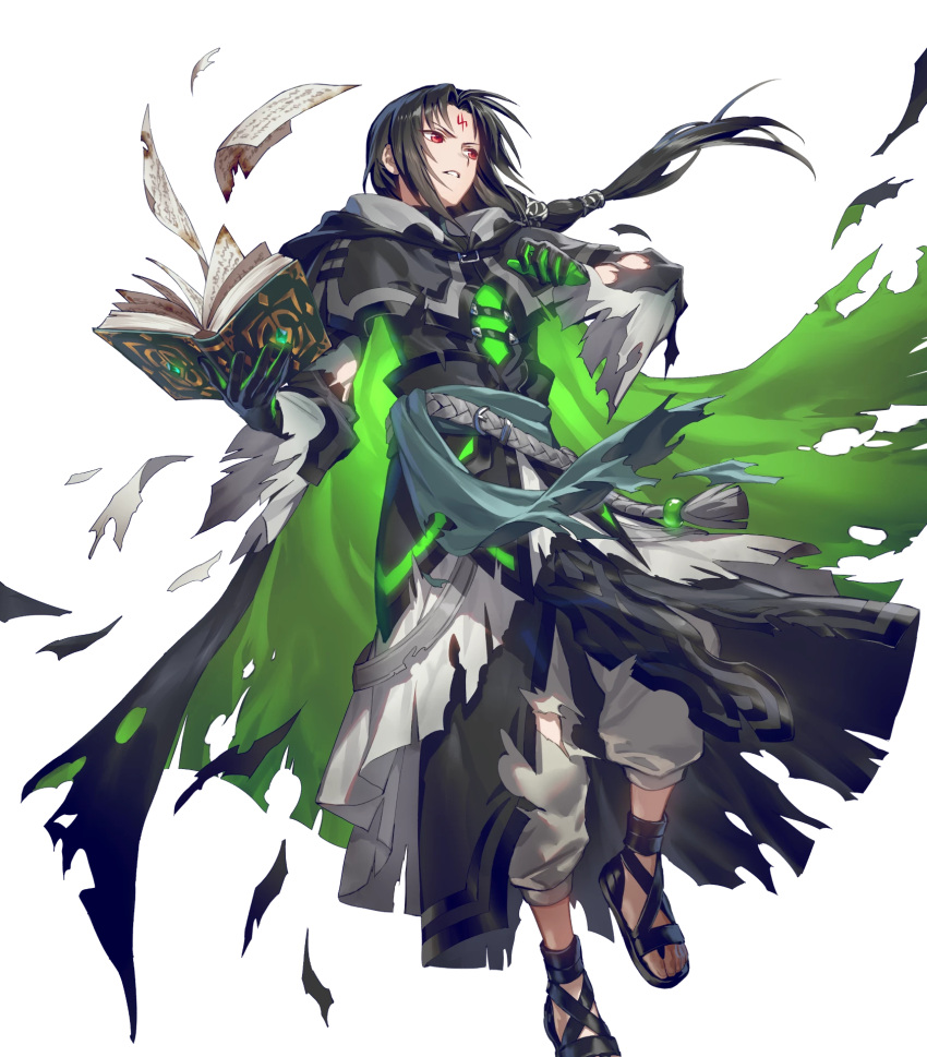 1boy black_cape black_gloves black_hair cape damaged facial_mark fire_emblem fire_emblem:_path_of_radiance fire_emblem_heroes forehead_mark gloves glowing green_cape green_eyes highres long_hair multicolored_cape multicolored_clothes non-web_source official_alternate_costume official_art ponytail sandals solo soren_(fire_emblem) soren_(resplendent)_(fire_emblem) torn_book torn_cape torn_clothes torn_sleeves