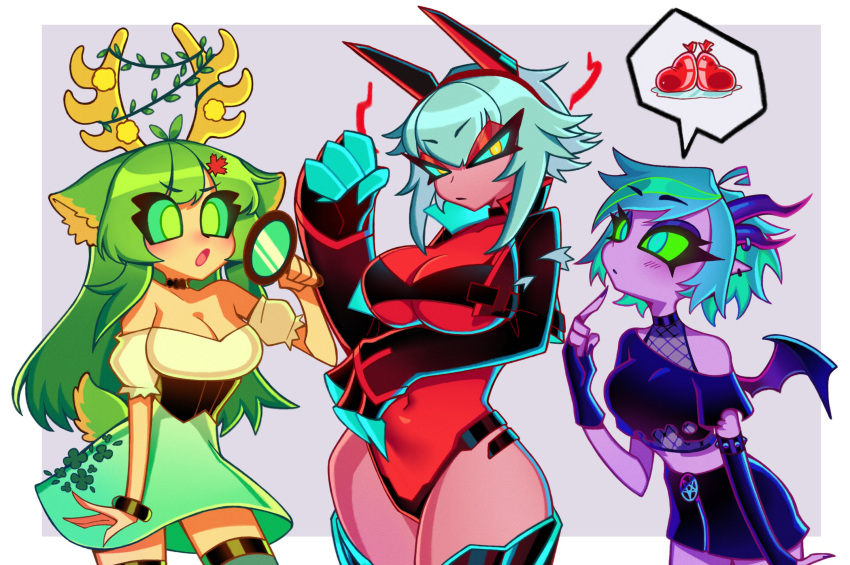 3girls :o animal_ears antlers apricot_the_lich black_jacket black_skirt blue_hair blue_sclera bodice bsapricot choker clenched_hand colored_sclera colored_skin covered_navel deer_ears eyeshadow green_eyes green_hair green_sclera green_skirt green_thighhighs hair_behind_ear haruka_karibu highres horns jacket looking_at_viewer makeup multicolored_hair multiple_girls off_shoulder open_mouth orange_skin pointy_ears purple_eyeshadow purple_skin red_skin shirt short_sleeves skirt speech_bubble strapless strapless_shirt streaked_hair thighhighs virtual_youtuber vshojo water_balloon zentreya zentreya_(cyborg)