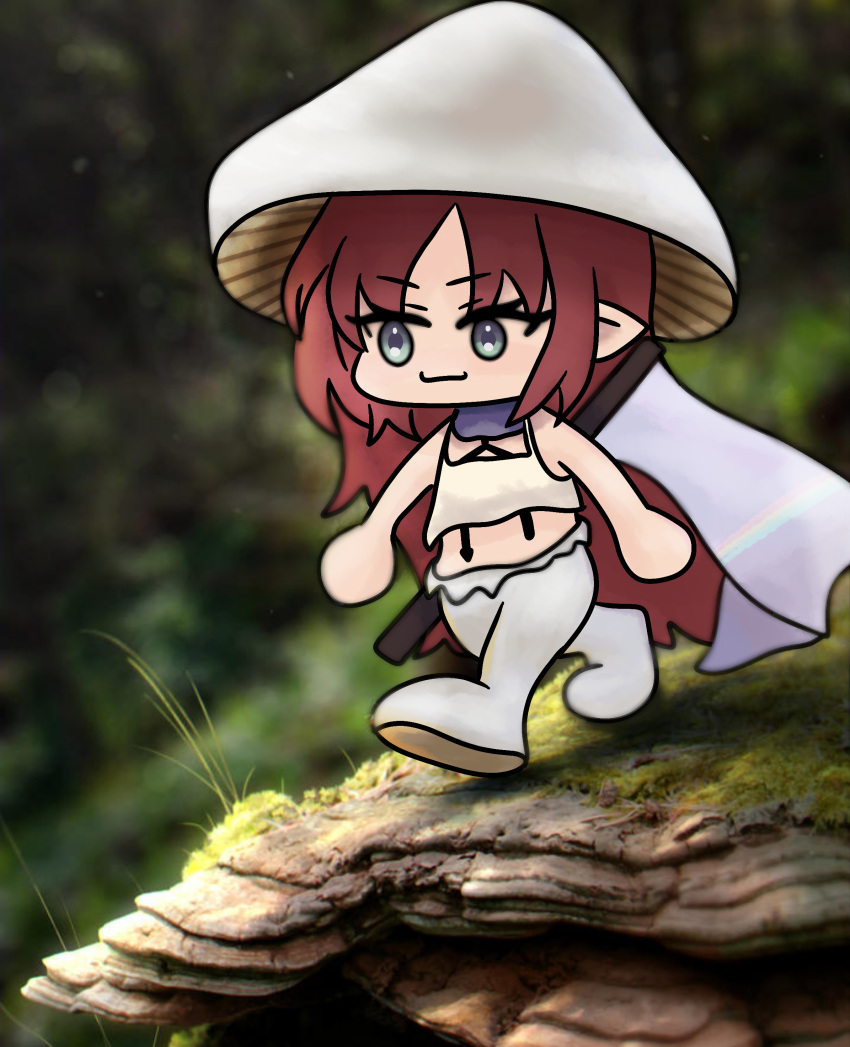 absurdres arknights bigsquinky chibi flag green_eyes grin highres long_hair meme mushroom mushroom_hat myrtle_(arknights) photo_background pointy_ears red_hair smile smurf_cat_(meme) tank_top very_long_hair walking