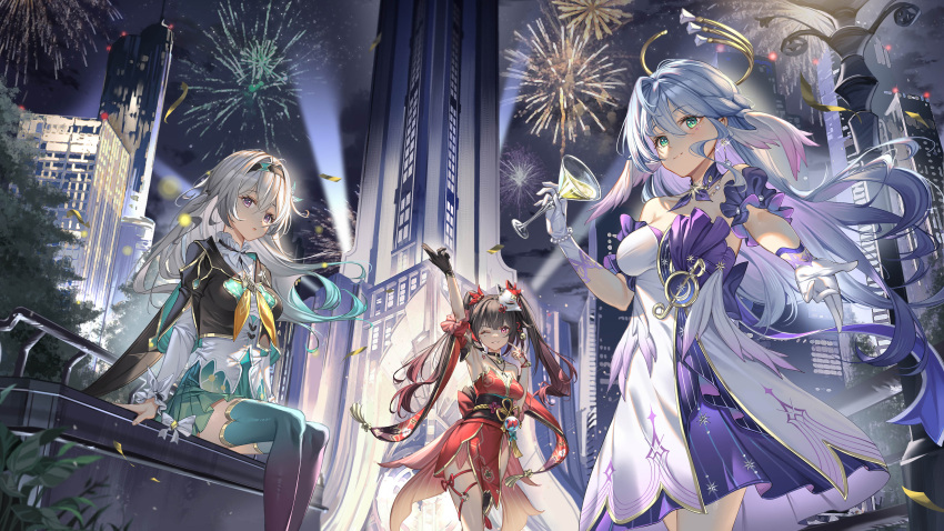 3girls absurdres al_guang aqua_hair arm_up armpits black_gloves black_hair black_hairband colored_tips cup finger_to_face firefly_(honkai:_star_rail) fireworks fox_mask gloves grey_hair hairband halo head_wings highres holding holding_cup honkai:_star_rail honkai_(series) index_finger_raised long_hair long_sleeves looking_at_viewer mask mole mole_under_eye multicolored_hair multiple_girls night night_sky one_eye_closed outdoors parted_lips pink_eyes purple_eyes red_hair robin_(honkai:_star_rail) single_glove sitting sky sparkle_(honkai:_star_rail) thighhighs white_gloves white_hair wings