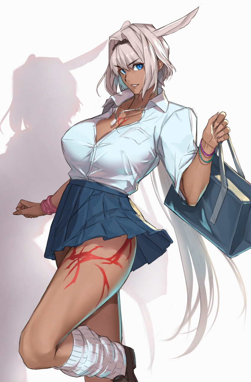 1girl animal_ears blue_eyes body_markings breasts caenis_(fate) cleavage dark-skinned_female dark_skin fate/grand_order fate_(series) highres large_breasts long_hair looking_at_viewer massive_kagawa smile solo thighs very_long_hair white_hair